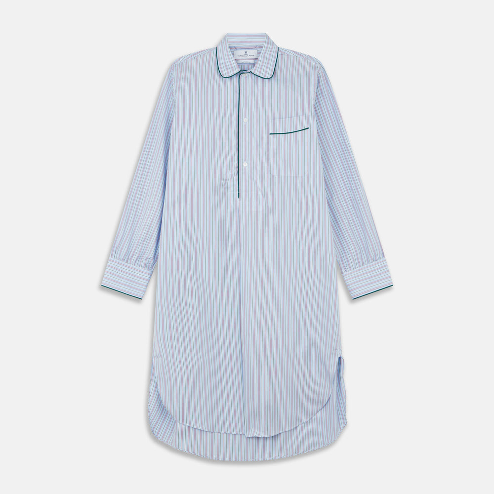 The Blue, Purple & Green Stripe Nightshirt by Turnbull & Asser is a long-sleeved, knee-length traditional nightshirt with a pointed collar, breast pocket with green trim, front buttons, and buttoned cuffs; made in England.