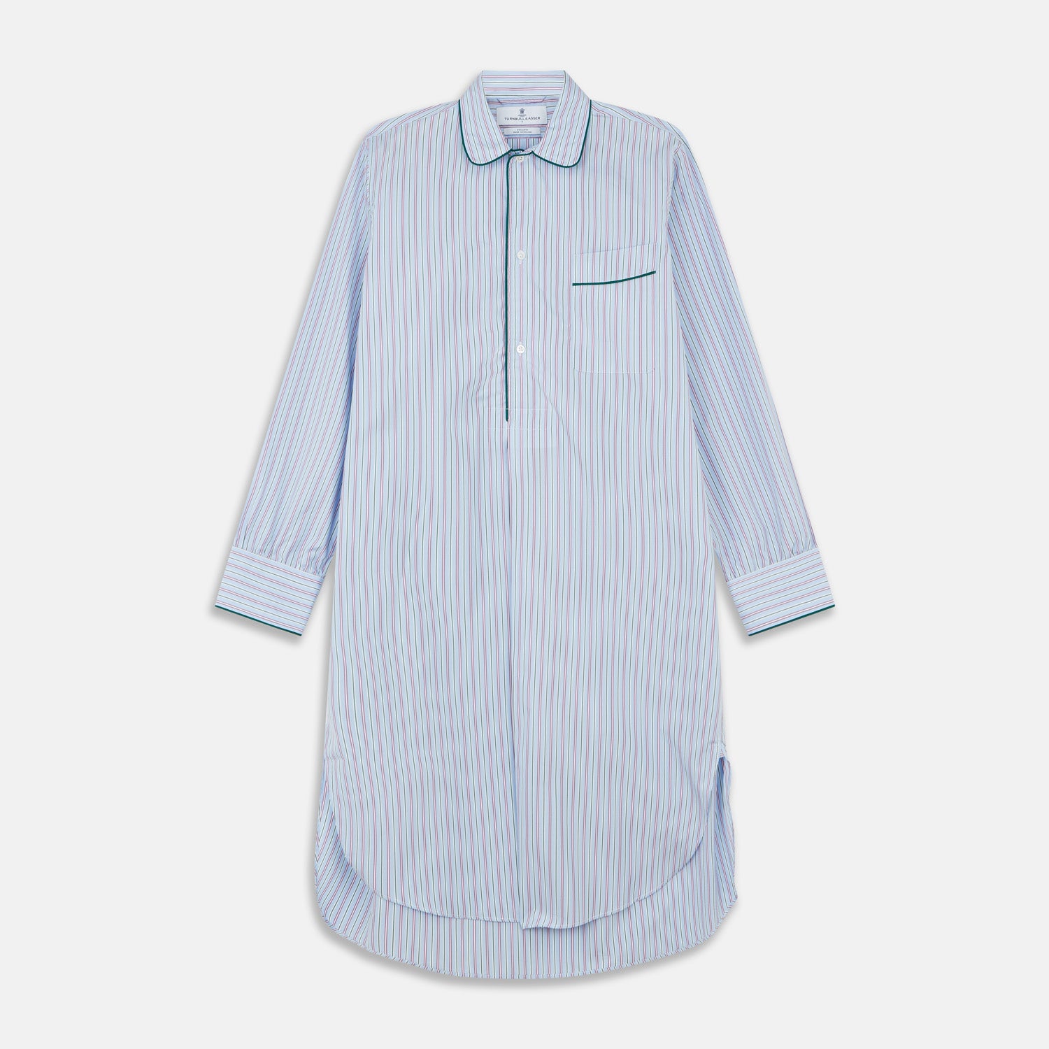 View 1 of product The Blue, Purple & Green Stripe Nightshirt by Turnbull & Asser is a long-sleeved, knee-length traditional nightshirt with a pointed collar, breast pocket with green trim, front buttons, and buttoned cuffs; made in England.