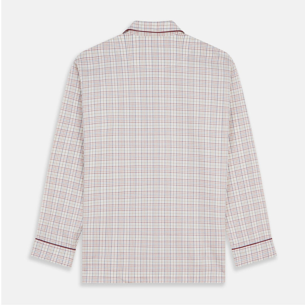 The Turnbull & Asser Red Multi Check Cotton-Cashmere Modern Pyjama Set, made in England, features a long-sleeve button-up shirt and pants in red and gray plaid with dark piping, crafted from soft Italian cotton-cashmere.
