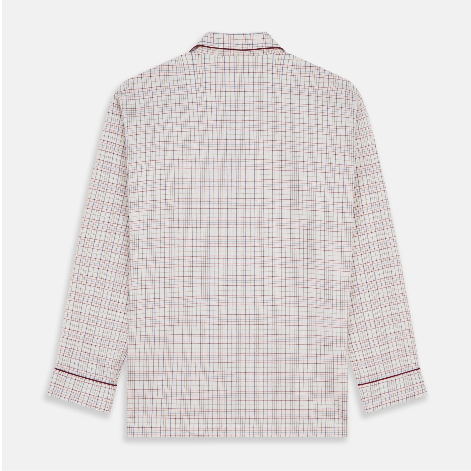 View 6 of product The Turnbull & Asser Red Multi Check Cotton-Cashmere Modern Pyjama Set, made in England, features a long-sleeve button-up shirt and pants in red and gray plaid with dark piping, crafted from soft Italian cotton-cashmere.