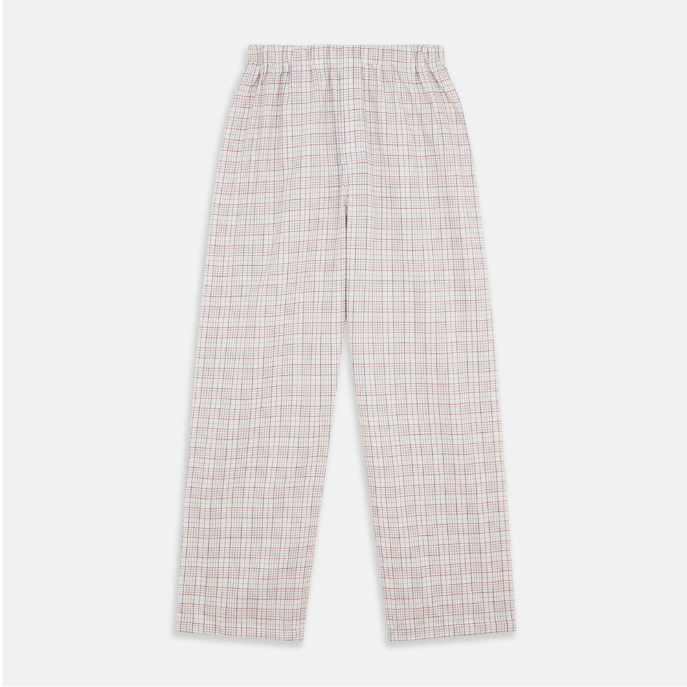 The Turnbull & Asser Red Multi Check Cotton-Cashmere Modern Pyjama Set, made in England, features a long-sleeve button-up shirt and pants in red and gray plaid with dark piping, crafted from soft Italian cotton-cashmere.