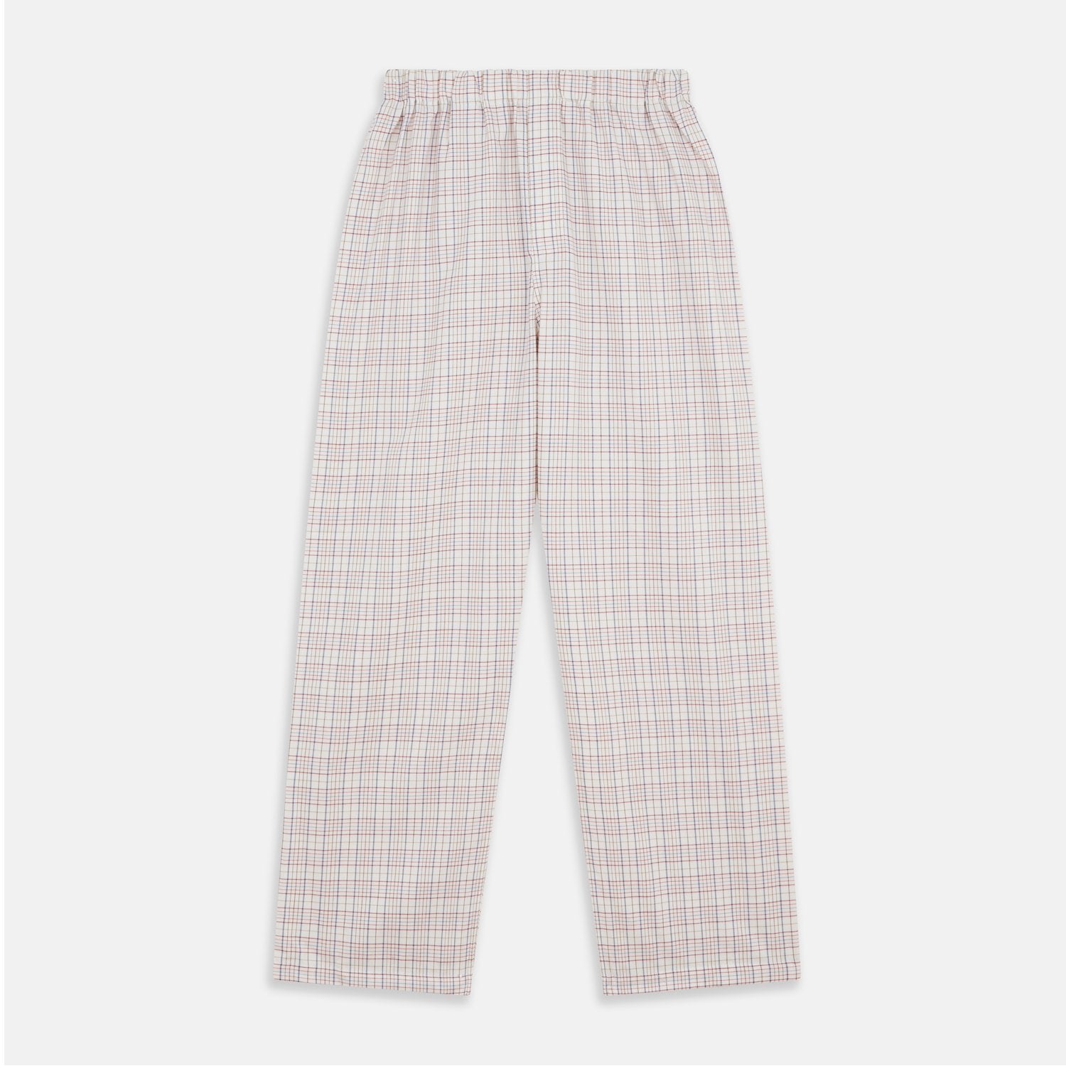 View 7 of product The Turnbull & Asser Red Multi Check Cotton-Cashmere Modern Pyjama Set, made in England, features a long-sleeve button-up shirt and pants in red and gray plaid with dark piping, crafted from soft Italian cotton-cashmere.