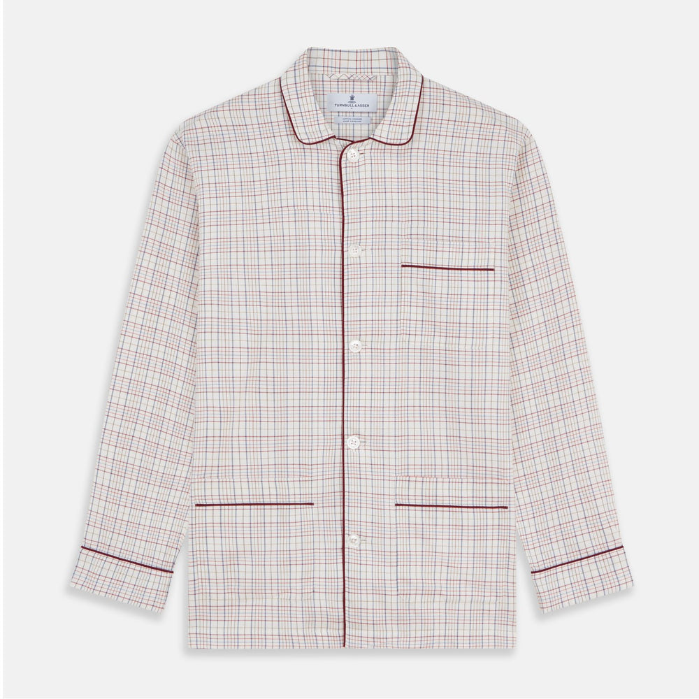 The Turnbull & Asser Red Multi Check Cotton-Cashmere Modern Pyjama Set, made in England, features a long-sleeve button-up shirt and pants in red and gray plaid with dark piping, crafted from soft Italian cotton-cashmere.
