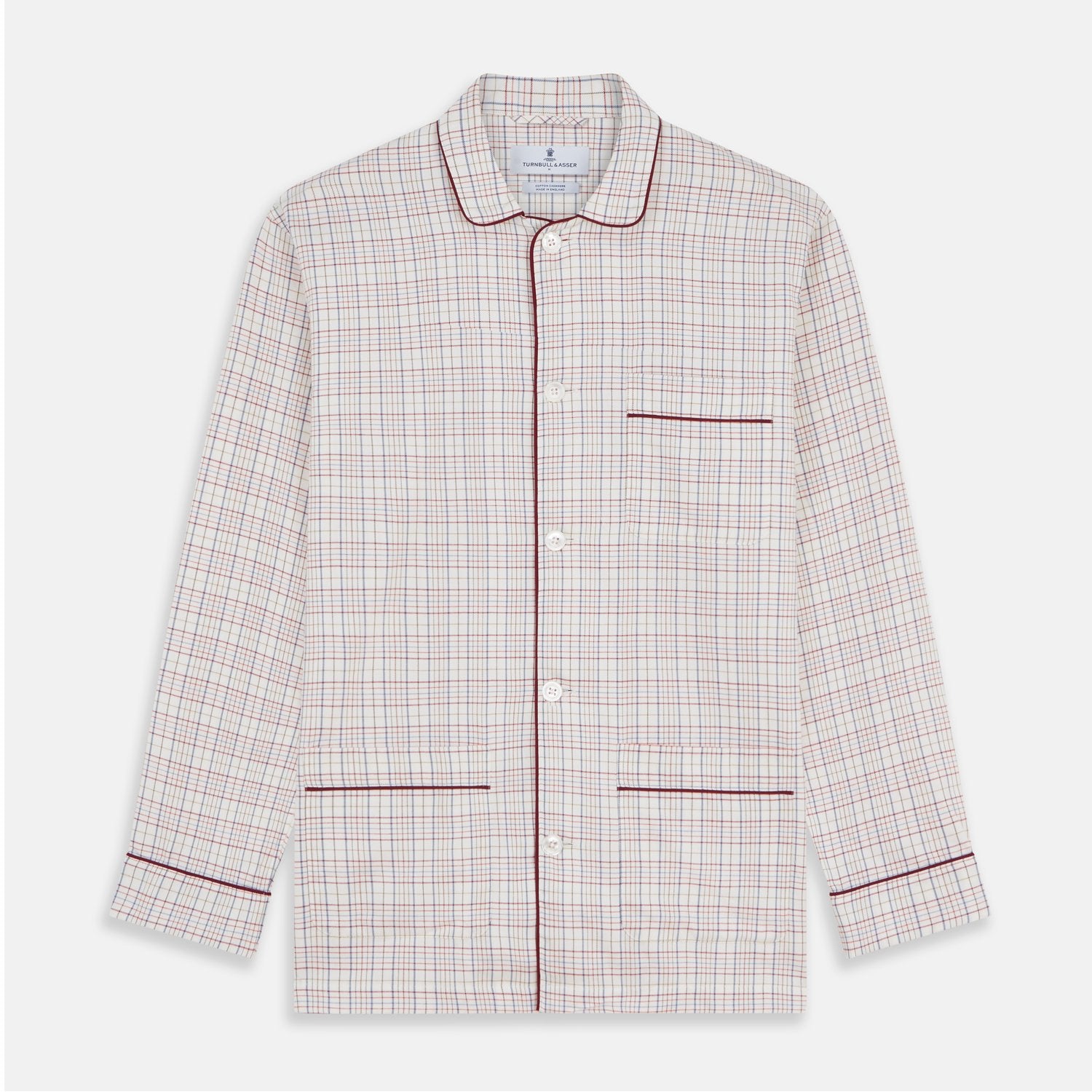 View 5 of product The Turnbull & Asser Red Multi Check Cotton-Cashmere Modern Pyjama Set, made in England, features a long-sleeve button-up shirt and pants in red and gray plaid with dark piping, crafted from soft Italian cotton-cashmere.