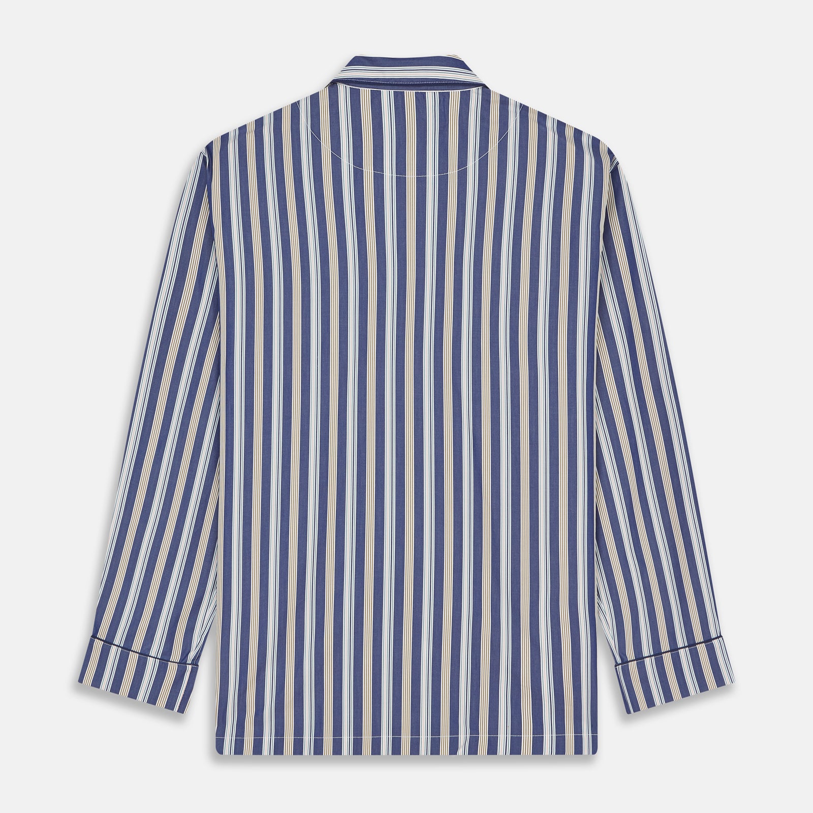 View 5 of product Turnbull & Asser's Blue Multi Stripe Cotton Modern Pyjama Set features a camp collar shirt with white buttons, front pocket, and long sleeves. Both pieces showcase classic blue and beige stripes for a timeless look.