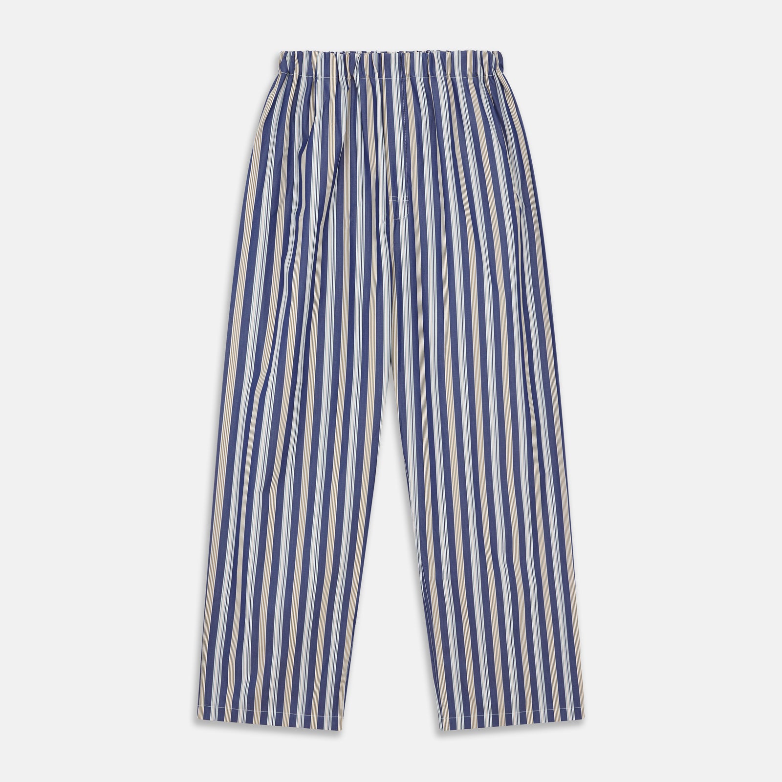 View 6 of product Turnbull & Asser's Blue Multi Stripe Cotton Modern Pyjama Set features a camp collar shirt with white buttons, front pocket, and long sleeves. Both pieces showcase classic blue and beige stripes for a timeless look.