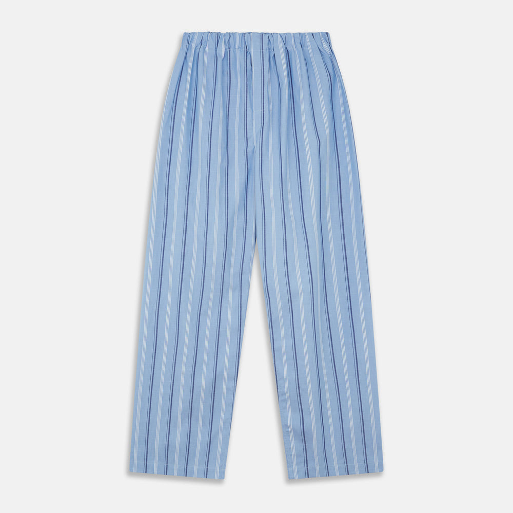 Turnbull & Asser Blue Multi Stripe Cotton Pyjama Trousers feature vertical navy and white stripes, a contemporary fit, and an elastic waistband, shown flat on a white background.