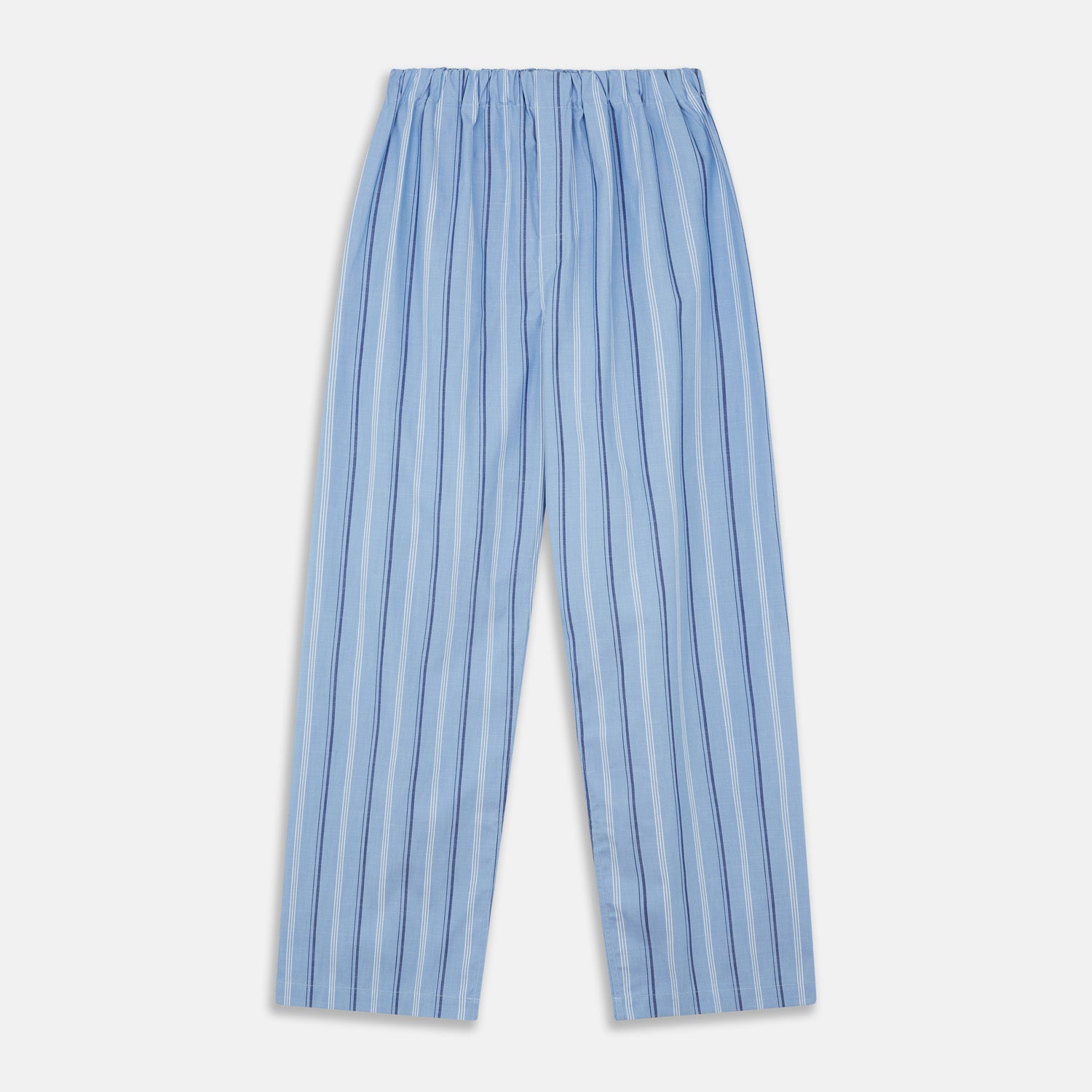 View 1 of product Turnbull & Asser Blue Multi Stripe Cotton Pyjama Trousers feature vertical navy and white stripes, a contemporary fit, and an elastic waistband, shown flat on a white background.
