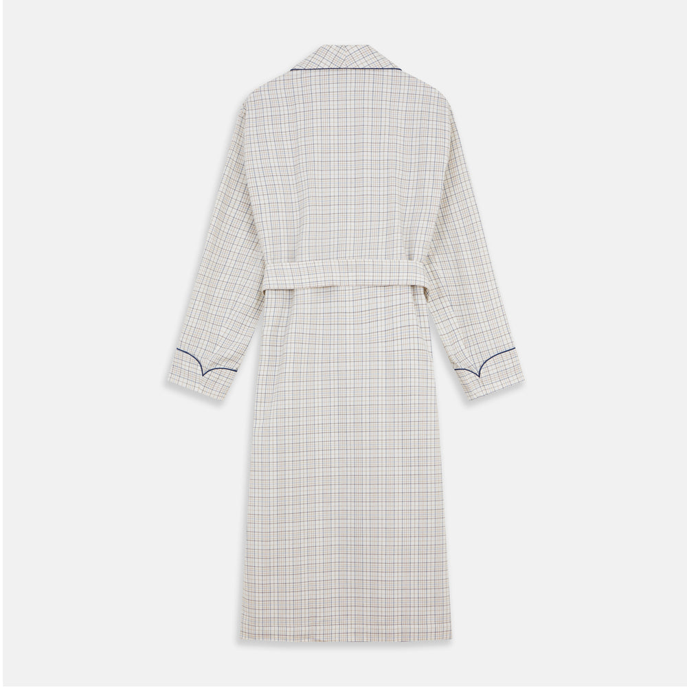 The Turnbull & Asser Brown Multi Check Cotton-Cashmere Gown features a shawl collar, front pocket, matching belt, and dark piping on the edges, sleeves, and pocket. Made in England and shown on a plain white background.