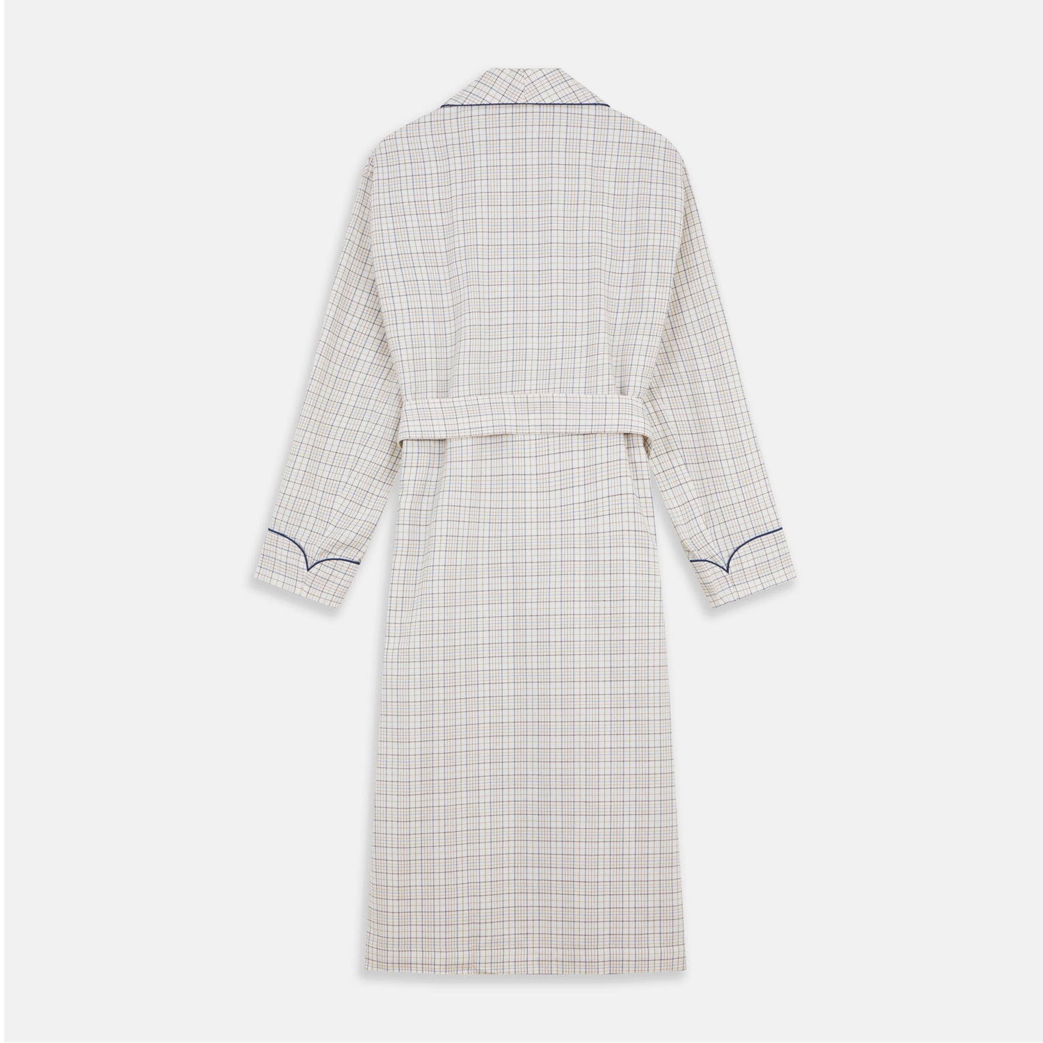View 5 of product The Turnbull & Asser Brown Multi Check Cotton-Cashmere Gown features a shawl collar, front pocket, matching belt, and dark piping on the edges, sleeves, and pocket. Made in England and shown on a plain white background.