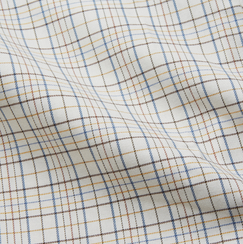 The Turnbull & Asser Brown Multi Check Cotton-Cashmere Gown features a shawl collar, front pocket, matching belt, and dark piping on the edges, sleeves, and pocket. Made in England and shown on a plain white background.