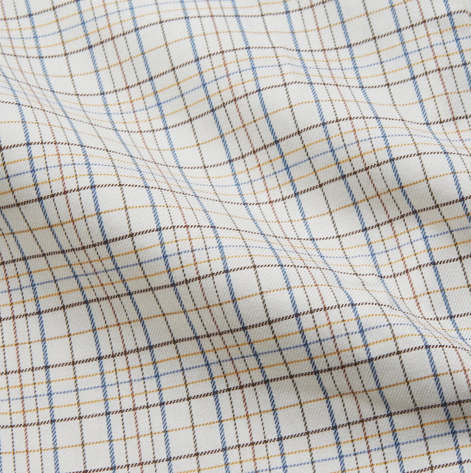 View 4 of product The Turnbull & Asser Brown Multi Check Cotton-Cashmere Gown features a shawl collar, front pocket, matching belt, and dark piping on the edges, sleeves, and pocket. Made in England and shown on a plain white background.