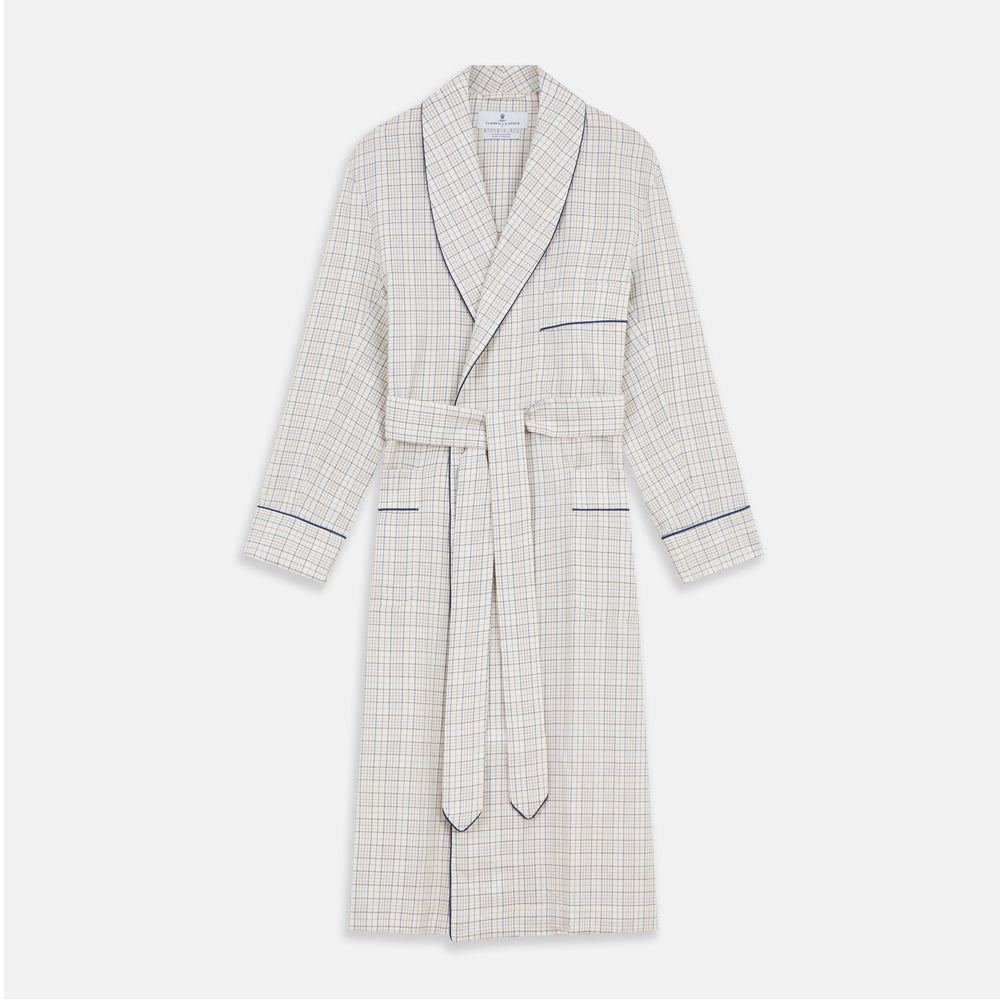The Turnbull & Asser Brown Multi Check Cotton-Cashmere Gown features a shawl collar, front pocket, matching belt, and dark piping on the edges, sleeves, and pocket. Made in England and shown on a plain white background.