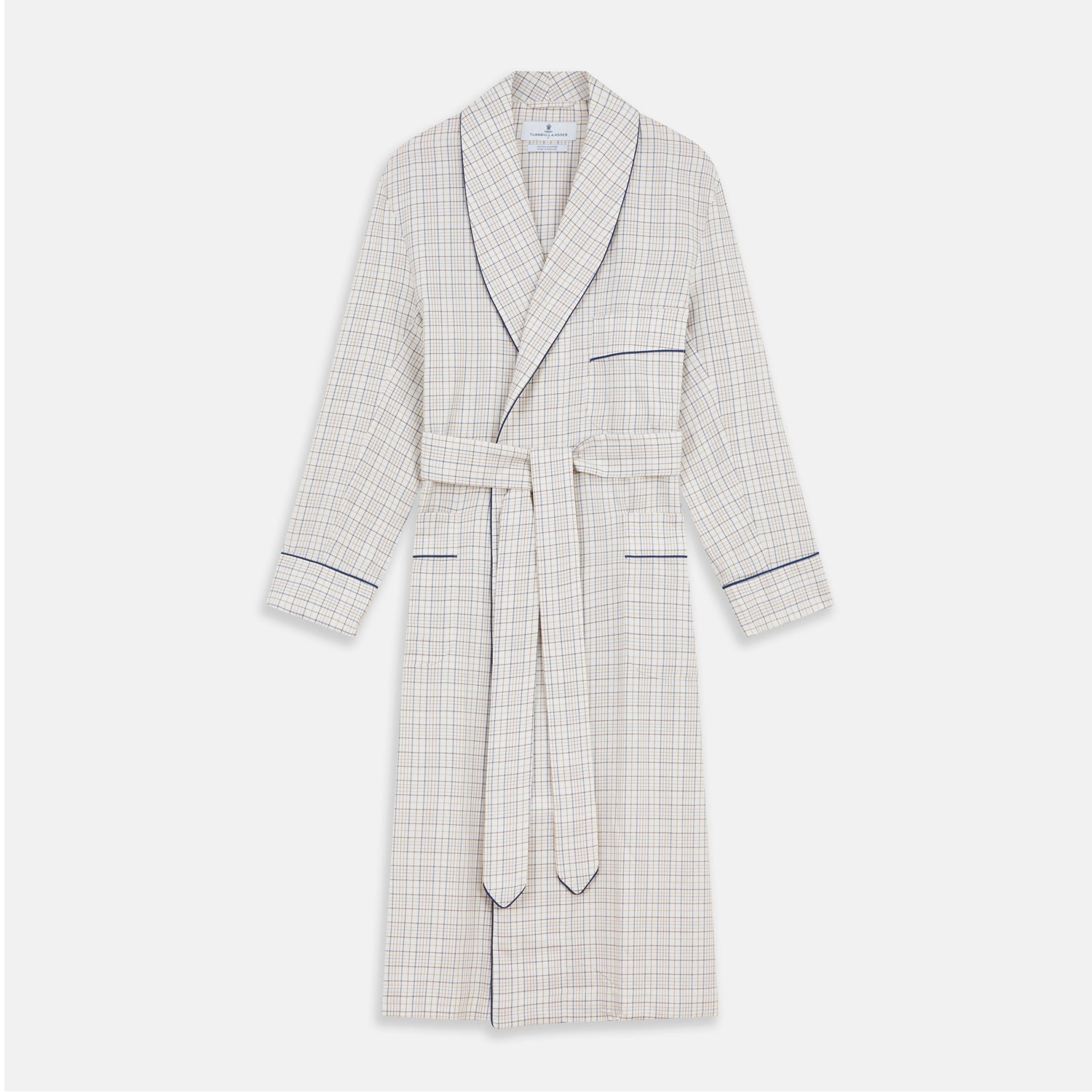 View 1 of product The Turnbull & Asser Brown Multi Check Cotton-Cashmere Gown features a shawl collar, front pocket, matching belt, and dark piping on the edges, sleeves, and pocket. Made in England and shown on a plain white background.