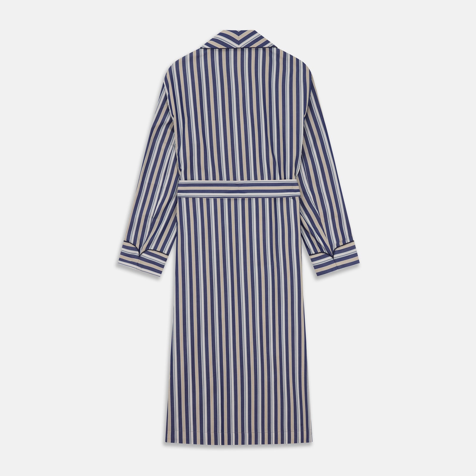 View 5 of product The Turnbull & Asser Blue Multi Stripe Cotton Gown features blue and white vertical stripes, long sleeves, a shawl collar, front pockets, and a matching waist tie, shown on a plain white background.