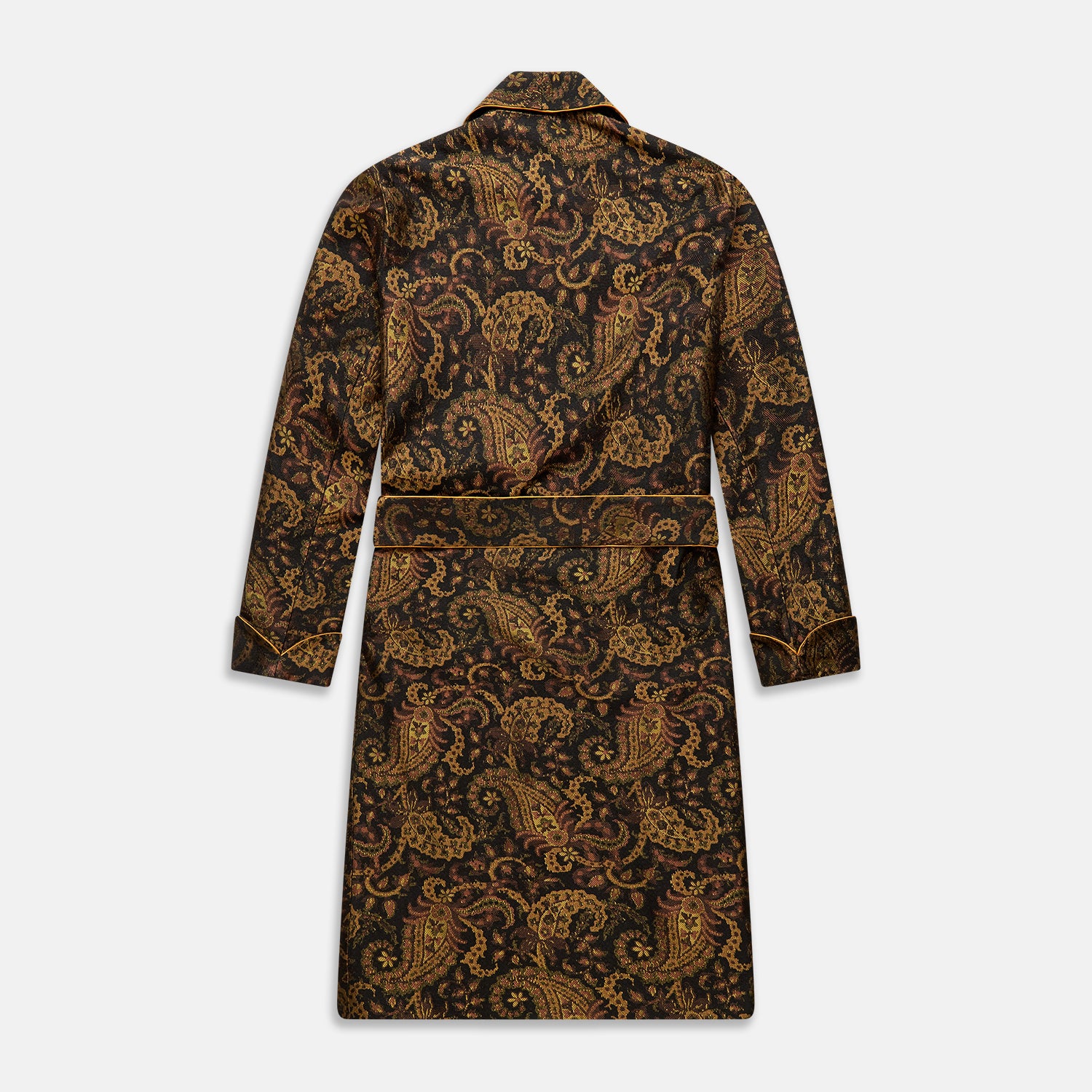 View 5 of product The Turnbull & Asser Gold Multi Floral Cotton, Wool & Silk Jacquard Pierce Gown features a shawl collar, matching belt, golden lining, and an elegant floral pattern in luxurious black, gold, and brown tones.