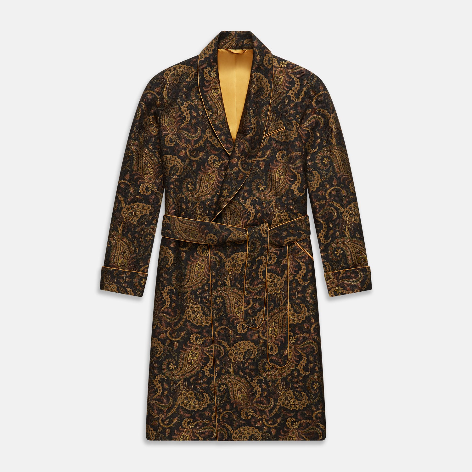 View 1 of product The Turnbull & Asser Gold Multi Floral Cotton, Wool & Silk Jacquard Pierce Gown features a shawl collar, matching belt, golden lining, and an elegant floral pattern in luxurious black, gold, and brown tones.