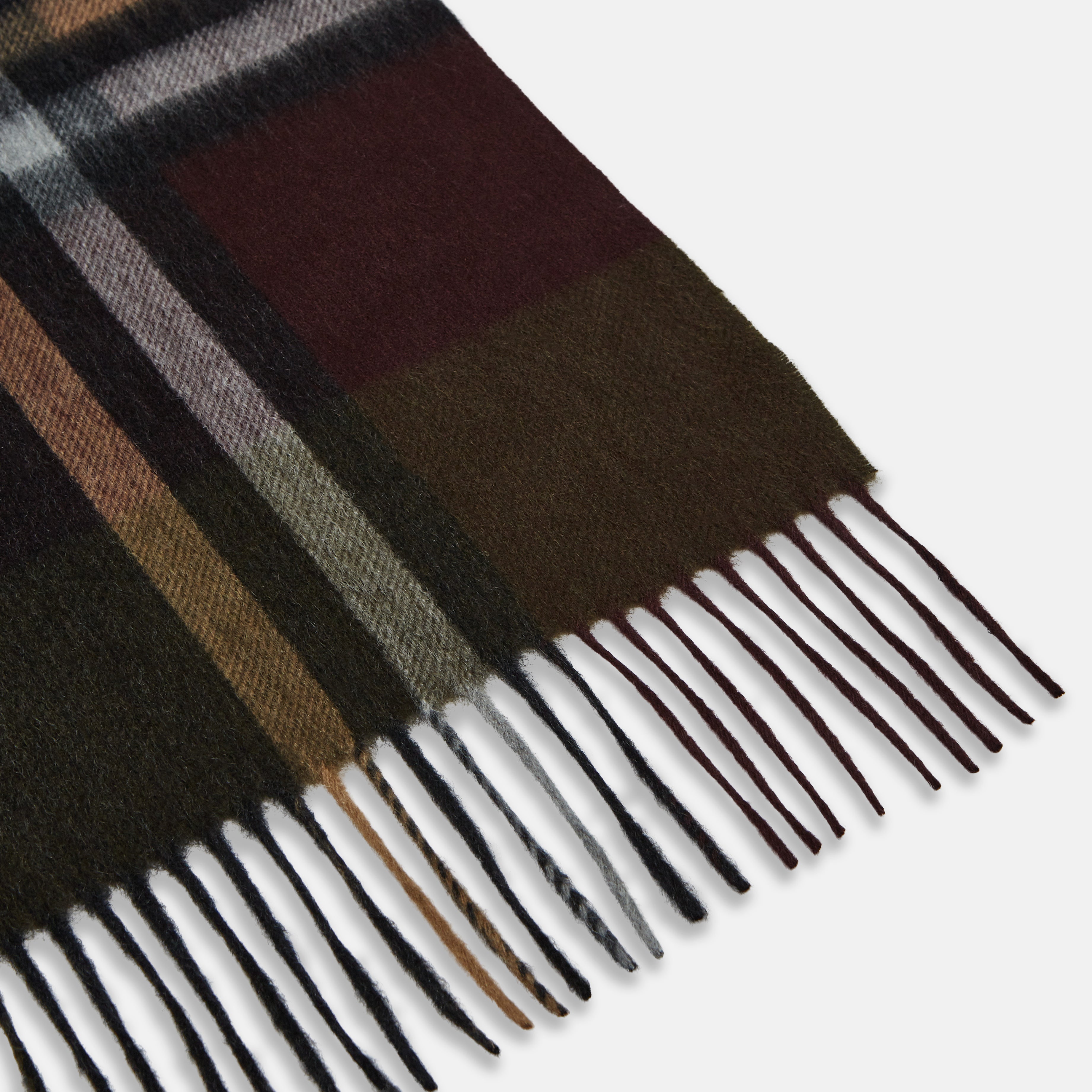 View 2 of product The Turnbull & Asser Dark Green Multi Check Cashmere Wilde Stole Scarf features a large plaid pattern in dark green, brown, black, and beige with fringed ends. Made in Scotland, it is shown against a white background.