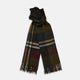 The Turnbull & Asser Dark Green Multi Check Cashmere Wilde Stole Scarf features a large plaid pattern in dark green, brown, black, and beige with fringed ends. Made in Scotland, it is shown against a white background.