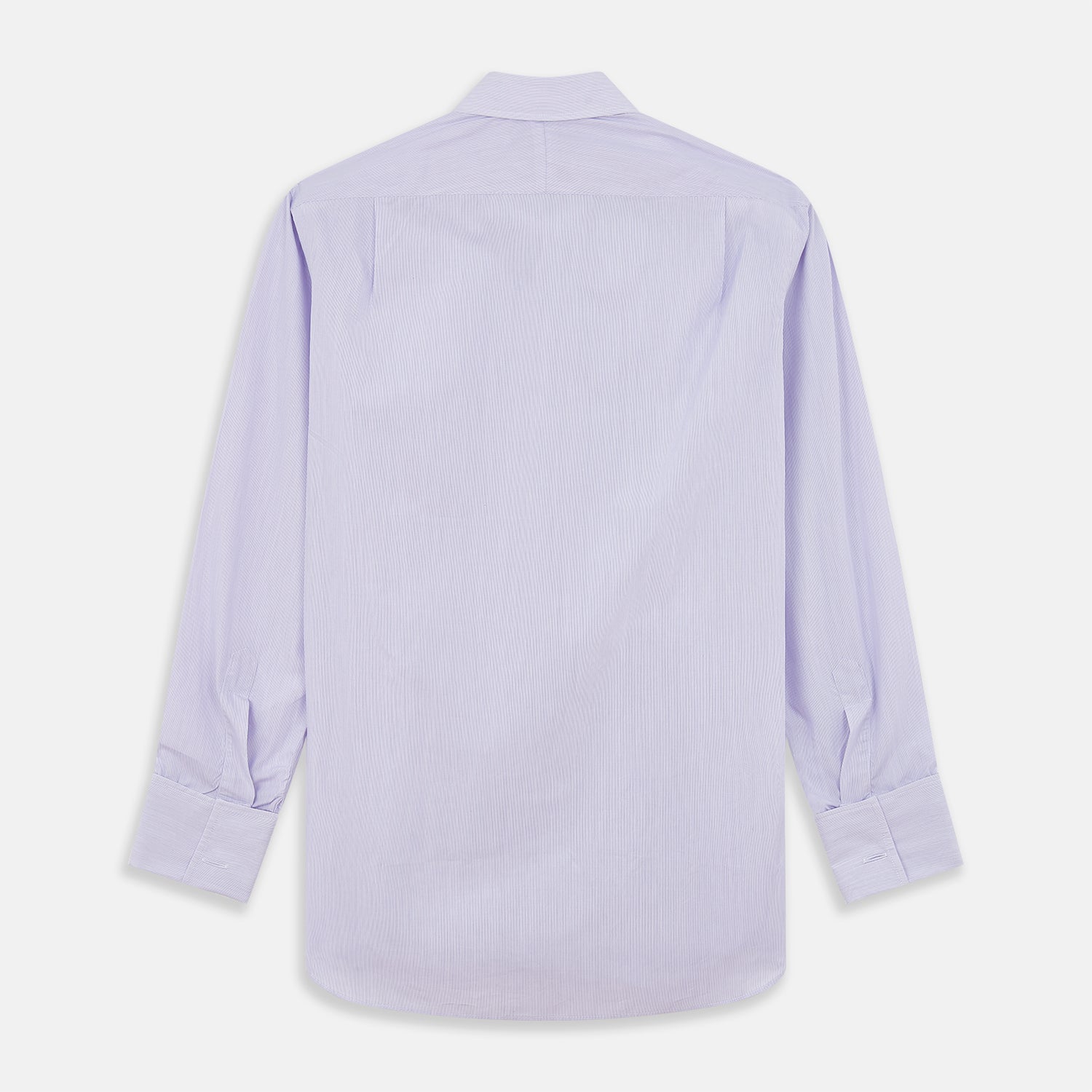 View 5 of product The Turnbull & Asser Purple Hairline Stripe Regular Fit Twill Shirt features a T&A collar, double cuffs, long sleeves, and white buttons, shown laid flat on a white background.