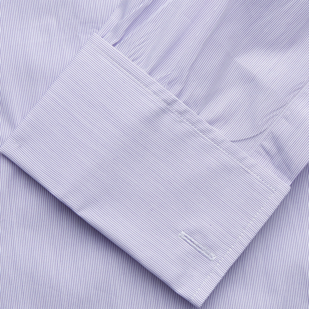 The Turnbull & Asser Purple Hairline Stripe Regular Fit Twill Shirt features a T&A collar, double cuffs, long sleeves, and white buttons, shown laid flat on a white background.