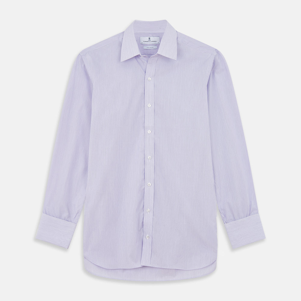 The Turnbull & Asser Purple Hairline Stripe Regular Fit Twill Shirt features a T&A collar, double cuffs, long sleeves, and white buttons, shown laid flat on a white background.