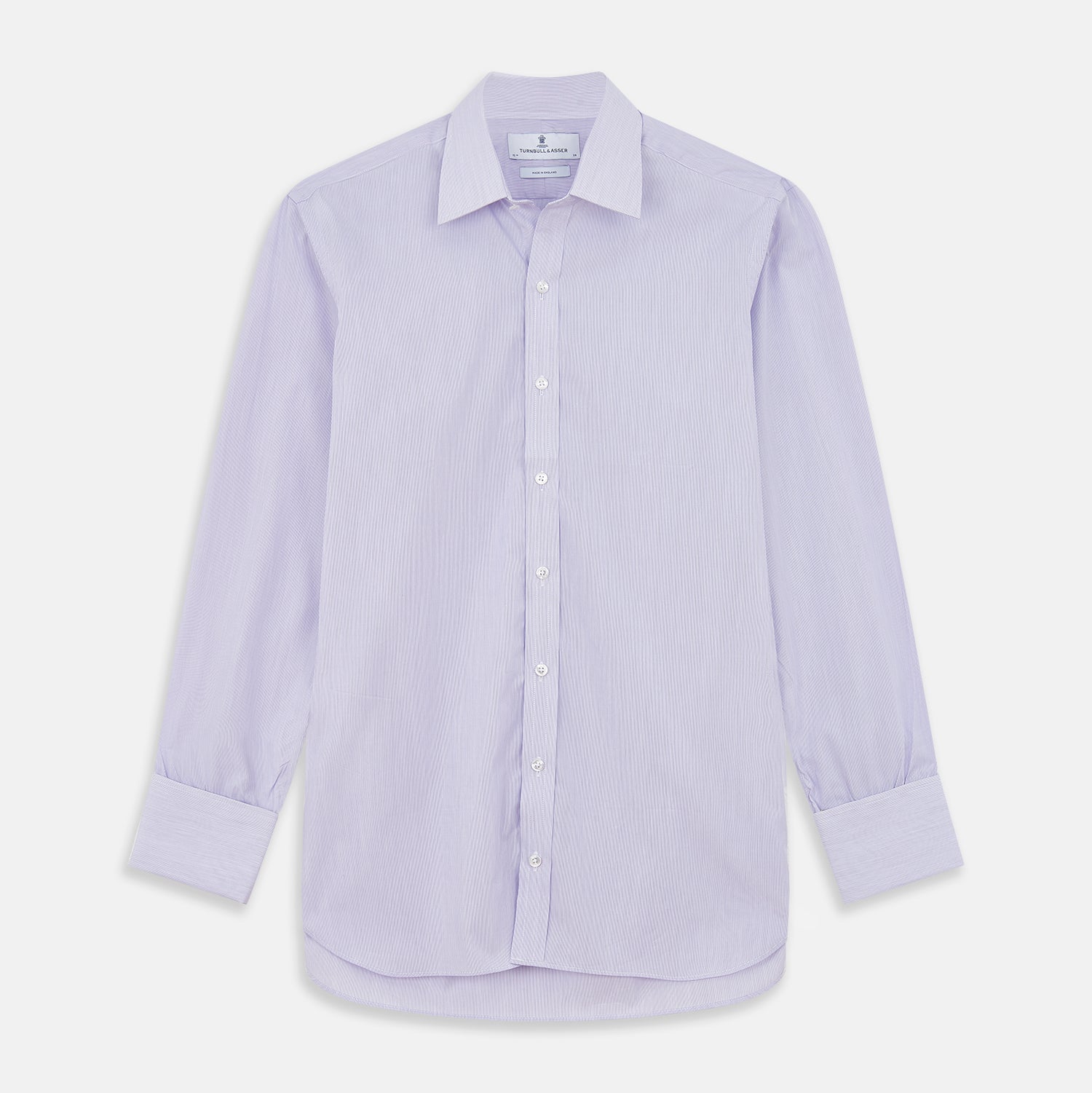View 1 of product The Turnbull & Asser Purple Hairline Stripe Regular Fit Twill Shirt features a T&A collar, double cuffs, long sleeves, and white buttons, shown laid flat on a white background.