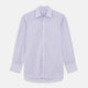 The Turnbull & Asser Purple Hairline Stripe Regular Fit Twill Shirt features a T&A collar, double cuffs, long sleeves, and white buttons, shown laid flat on a white background.