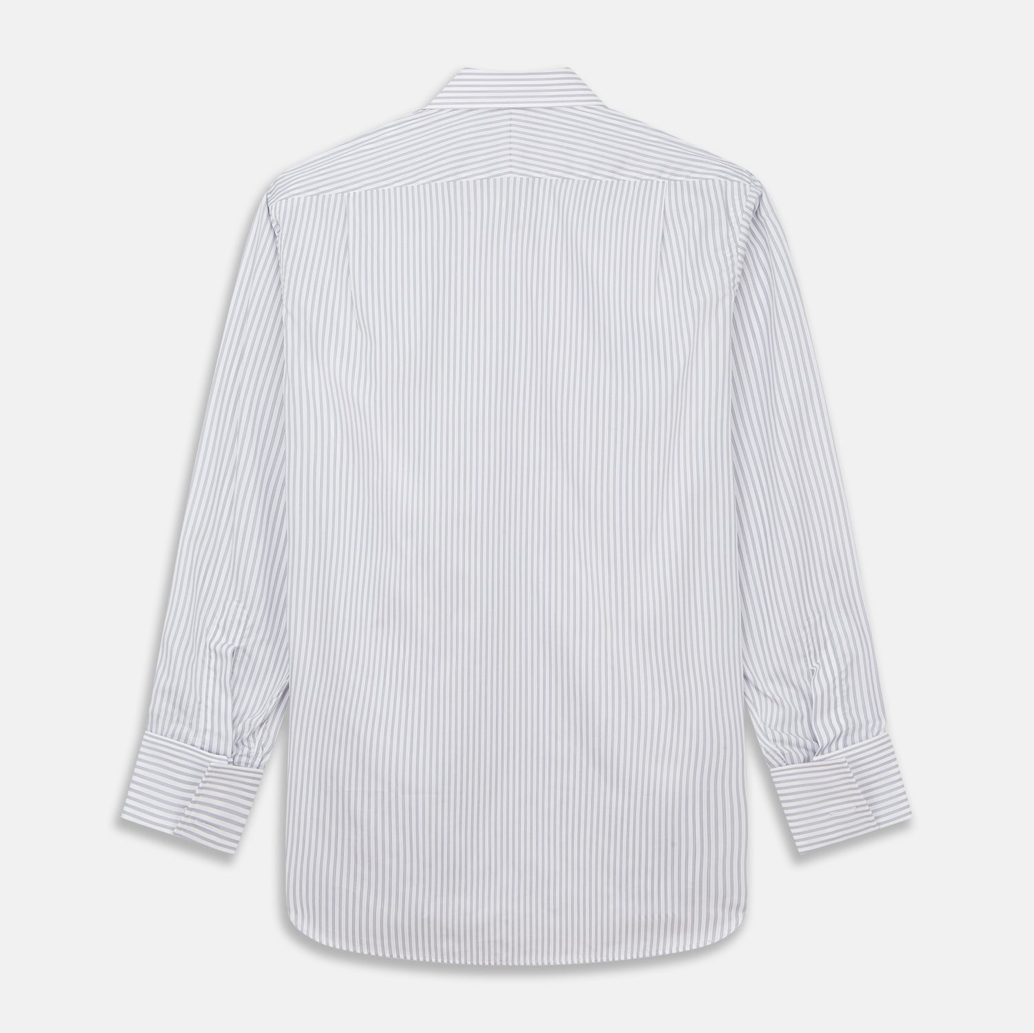 View 6 of product A man wearing the Turnbull & Asser Grey Multi Stripe Regular Fit Twill Shirt with T&A Collar and Double Cuffs stands against a beige background, one hand in his pocket, looking at the camera.