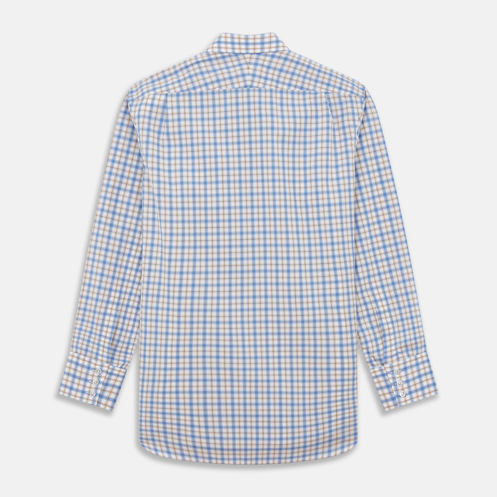 The Turnbull & Asser Blue Multi Check Regular Fit Shirt features a T&A collar, 3 button cuffs, a blue, tan, and white check pattern, and is crafted from Italian cotton poplin. It is shown laid flat on a white background.