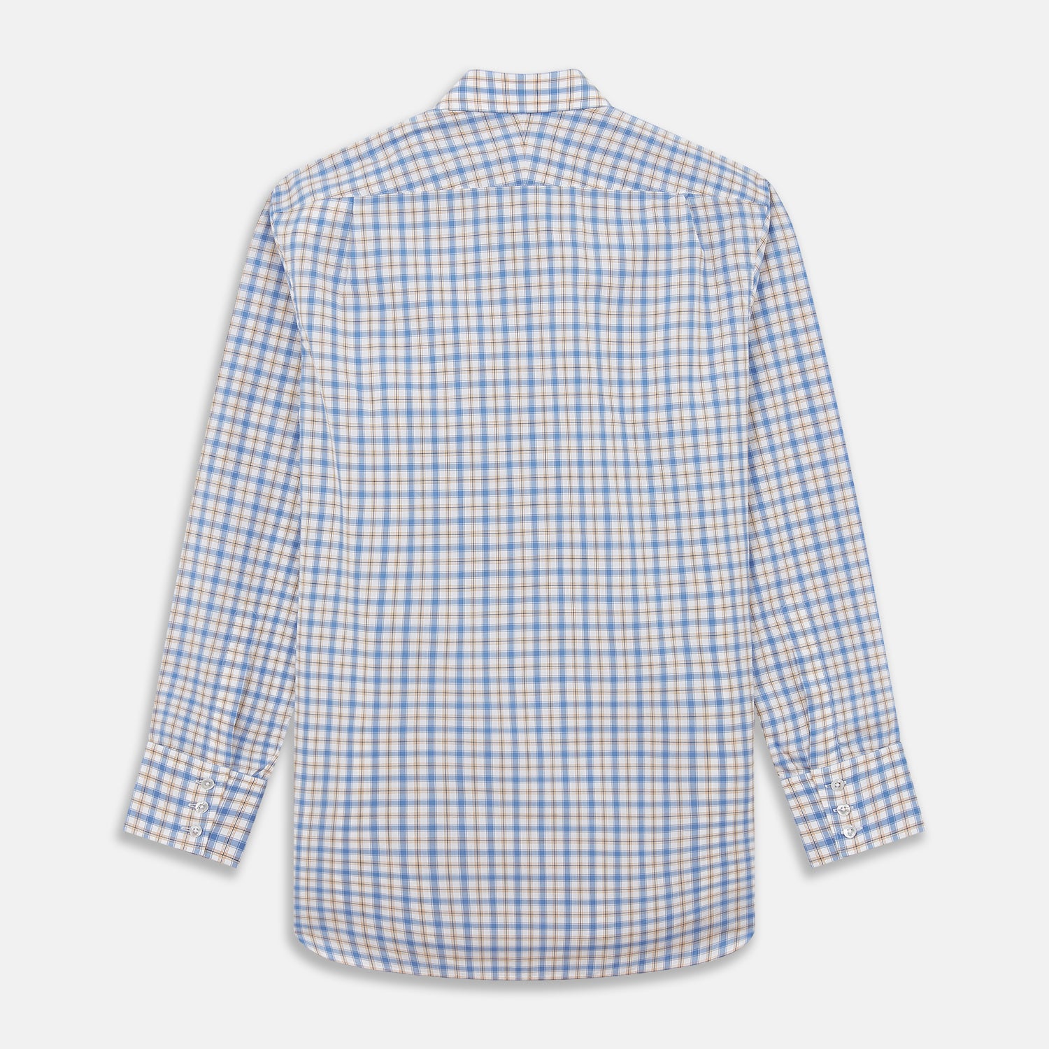 View 5 of product The Turnbull & Asser Blue Multi Check Regular Fit Shirt features a T&A collar, 3 button cuffs, a blue, tan, and white check pattern, and is crafted from Italian cotton poplin. It is shown laid flat on a white background.