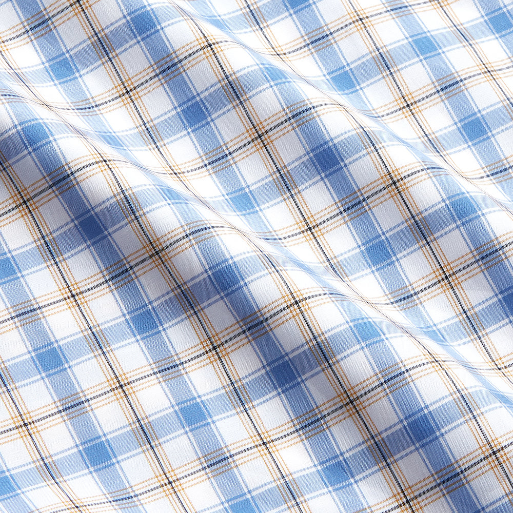 The Turnbull & Asser Blue Multi Check Regular Fit Shirt features a T&A collar, 3 button cuffs, a blue, tan, and white check pattern, and is crafted from Italian cotton poplin. It is shown laid flat on a white background.