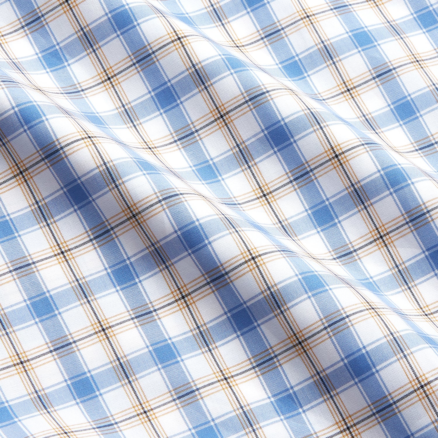 View 4 of product The Turnbull & Asser Blue Multi Check Regular Fit Shirt features a T&A collar, 3 button cuffs, a blue, tan, and white check pattern, and is crafted from Italian cotton poplin. It is shown laid flat on a white background.