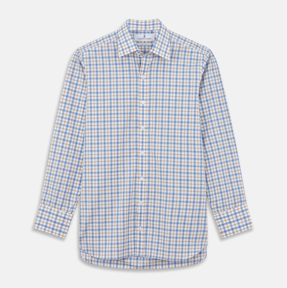 The Turnbull & Asser Blue Multi Check Regular Fit Shirt features a T&A collar, 3 button cuffs, a blue, tan, and white check pattern, and is crafted from Italian cotton poplin. It is shown laid flat on a white background.