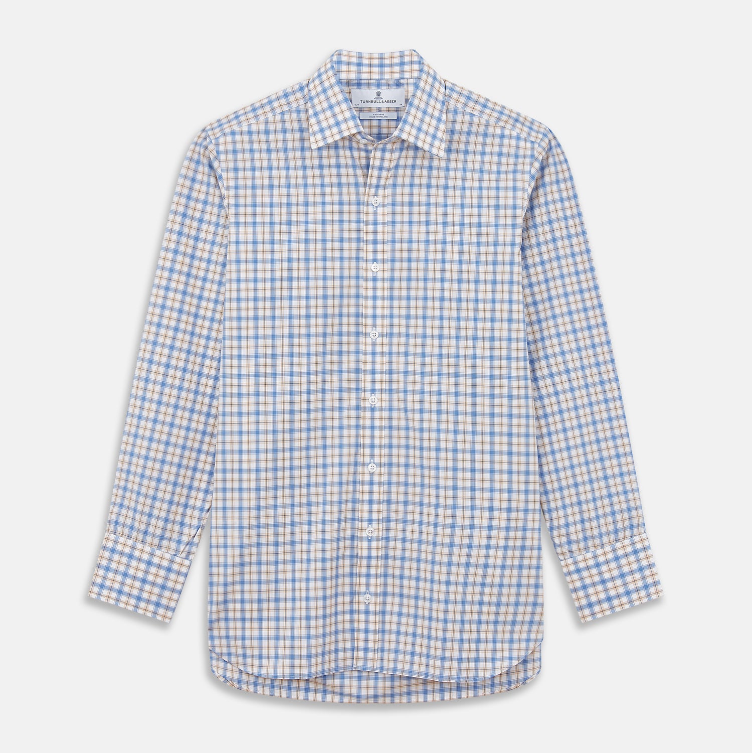 View 1 of product The Turnbull & Asser Blue Multi Check Regular Fit Shirt features a T&A collar, 3 button cuffs, a blue, tan, and white check pattern, and is crafted from Italian cotton poplin. It is shown laid flat on a white background.