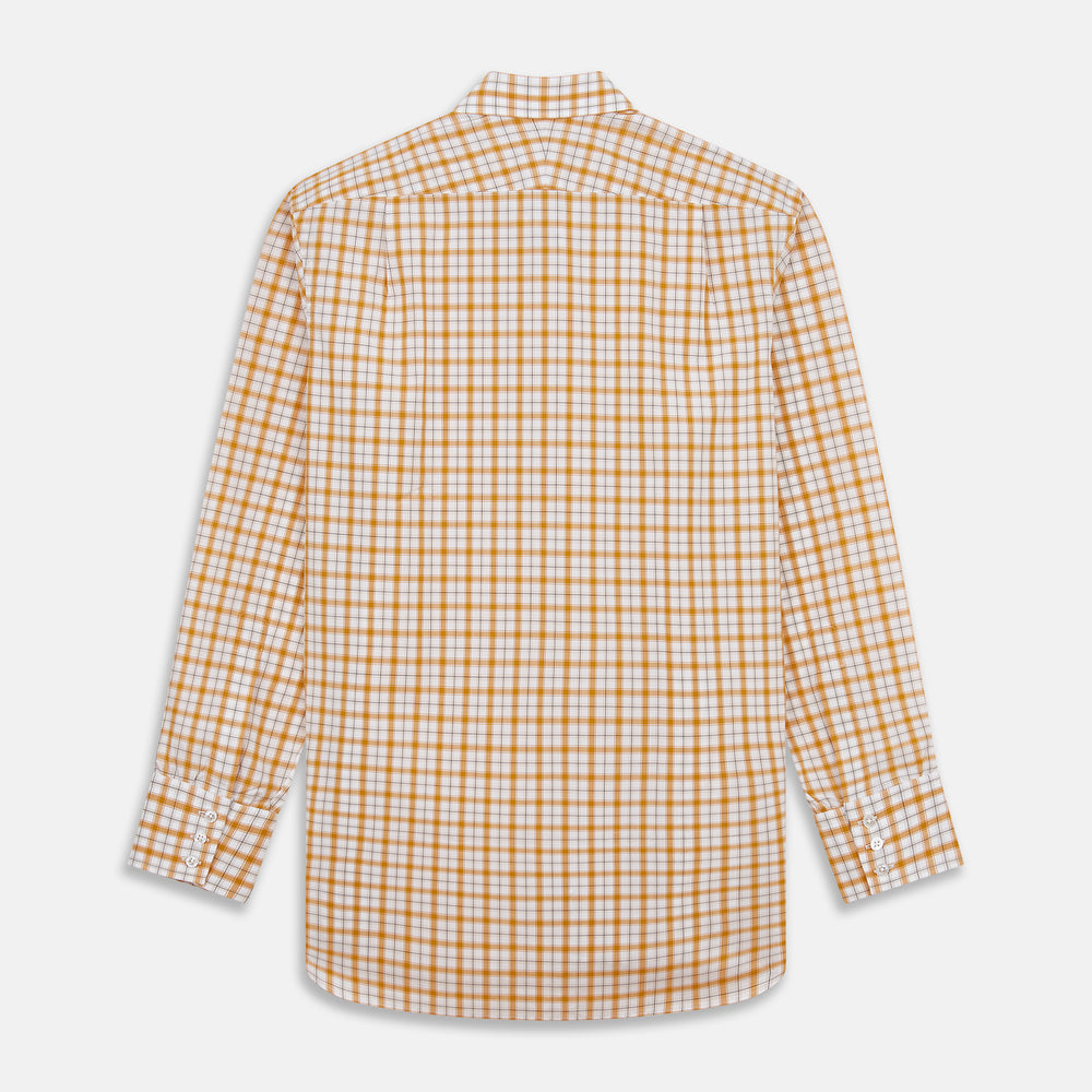 The Orange Multi Check Regular Fit Shirt by Turnbull & Asser features a T&A collar, 3 button cuffs, and a classic button-up design in Italian cotton, displayed on a plain white background.