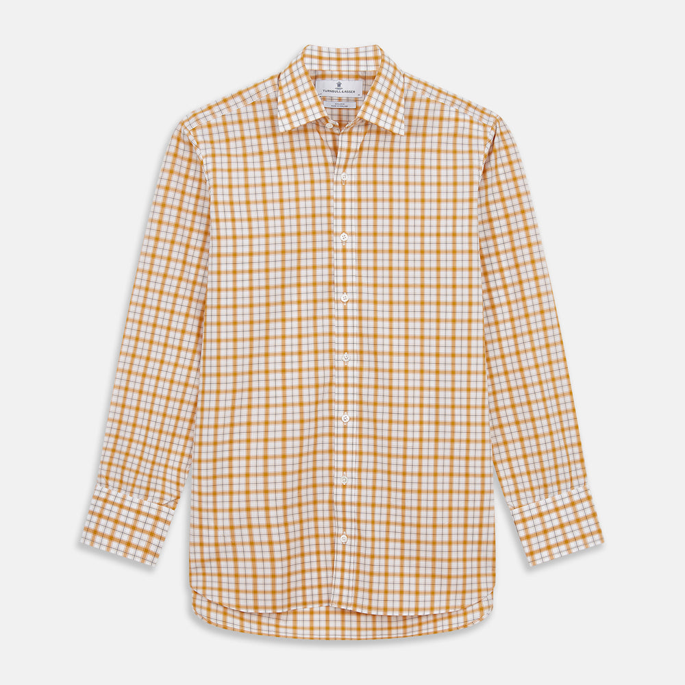The Orange Multi Check Regular Fit Shirt by Turnbull & Asser features a T&A collar, 3 button cuffs, and a classic button-up design in Italian cotton, displayed on a plain white background.