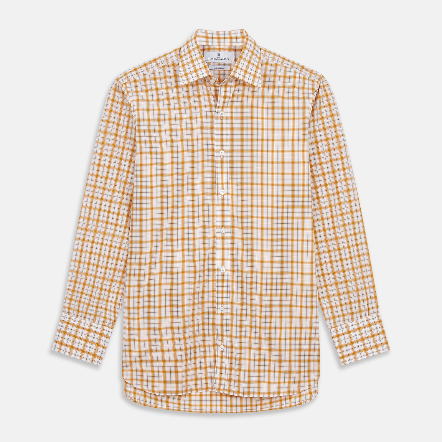 View 1 of product The Orange Multi Check Regular Fit Shirt by Turnbull & Asser features a T&A collar, 3 button cuffs, and a classic button-up design in Italian cotton, displayed on a plain white background.