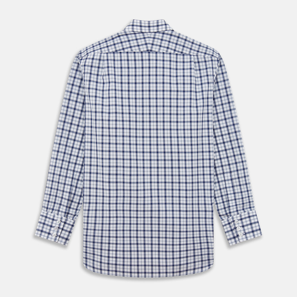 Turnbull & Asser's Navy Multi Check Regular Fit Shirt features a T&A collar, 3 button cuffs, and a blue and white plaid pattern, crafted from Italian cotton poplin with long sleeves and shown on a plain white background.