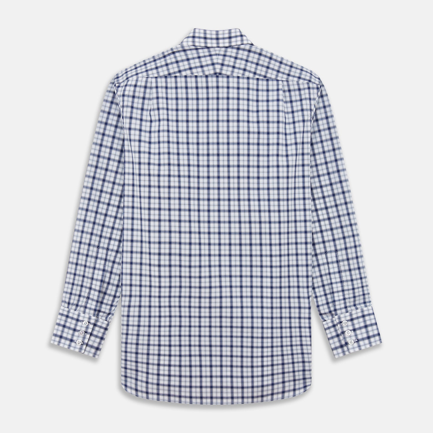 View 5 of product Turnbull & Asser's Navy Multi Check Regular Fit Shirt features a T&A collar, 3 button cuffs, and a blue and white plaid pattern, crafted from Italian cotton poplin with long sleeves and shown on a plain white background.