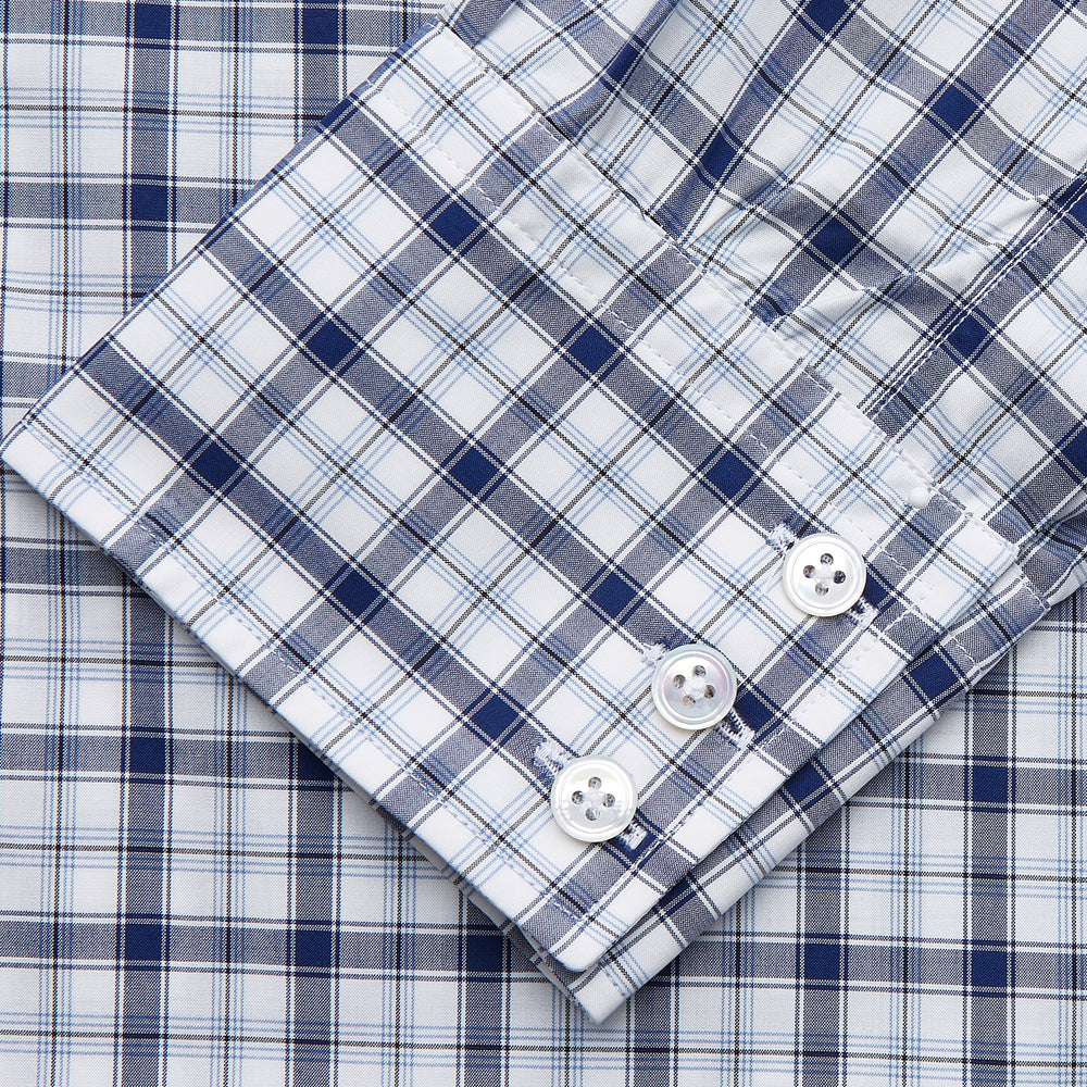 Turnbull & Asser's Navy Multi Check Regular Fit Shirt features a T&A collar, 3 button cuffs, and a blue and white plaid pattern, crafted from Italian cotton poplin with long sleeves and shown on a plain white background.
