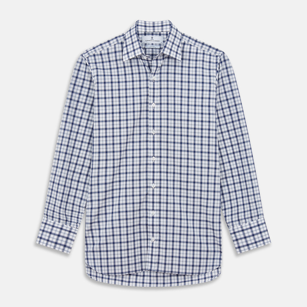 Turnbull & Asser's Navy Multi Check Regular Fit Shirt features a T&A collar, 3 button cuffs, and a blue and white plaid pattern, crafted from Italian cotton poplin with long sleeves and shown on a plain white background.