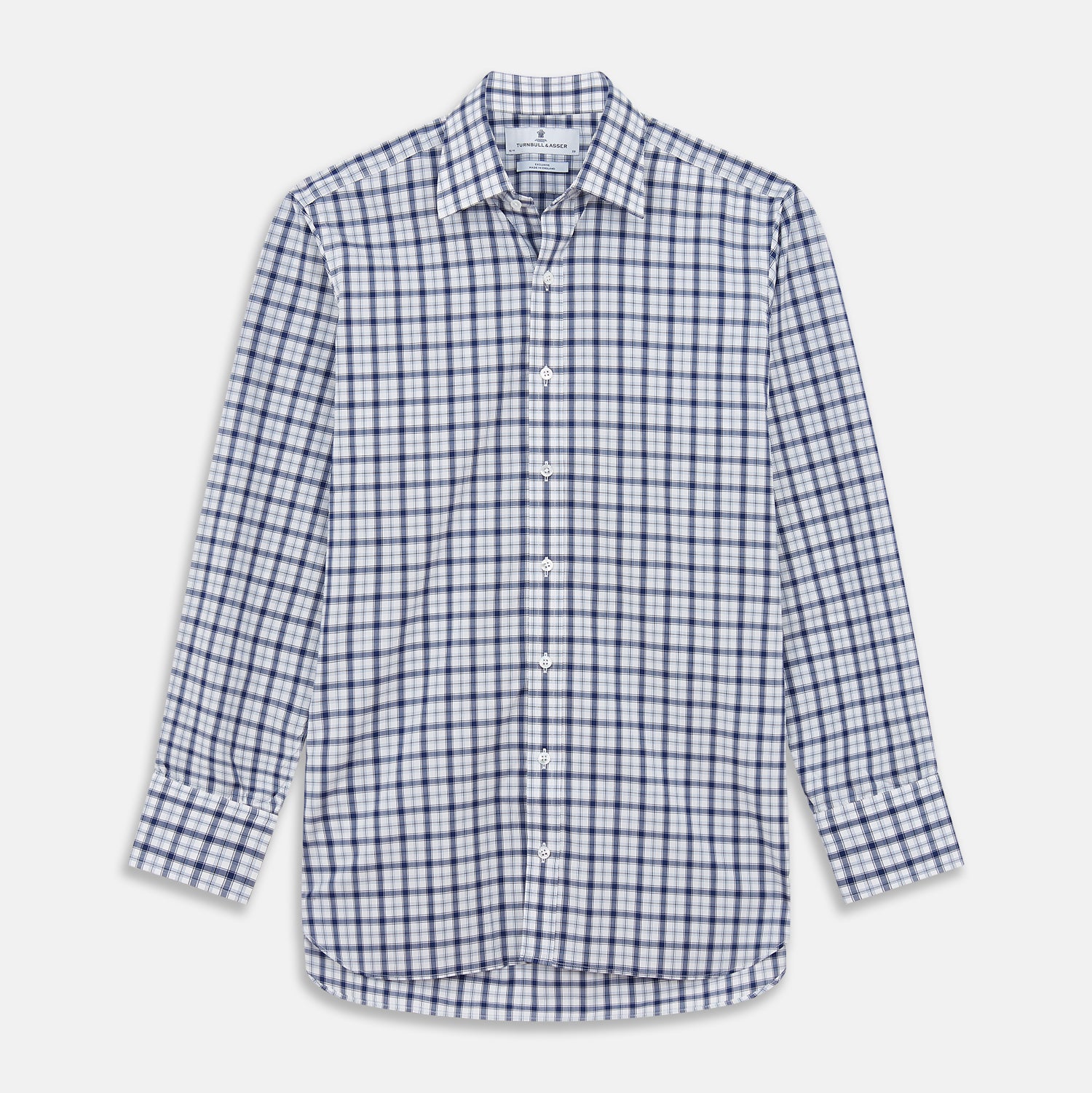 View 1 of product Turnbull & Asser's Navy Multi Check Regular Fit Shirt features a T&A collar, 3 button cuffs, and a blue and white plaid pattern, crafted from Italian cotton poplin with long sleeves and shown on a plain white background.
