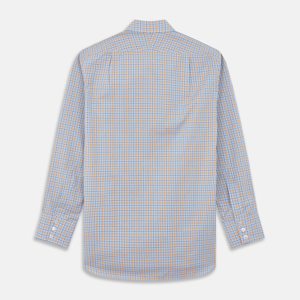 Turnbull & Asser Blue, Orange & Navy Check Regular Fit Shirt features a T&A collar and 3 button cuffs, made from Italian cotton poplin, shown flat on a white background.