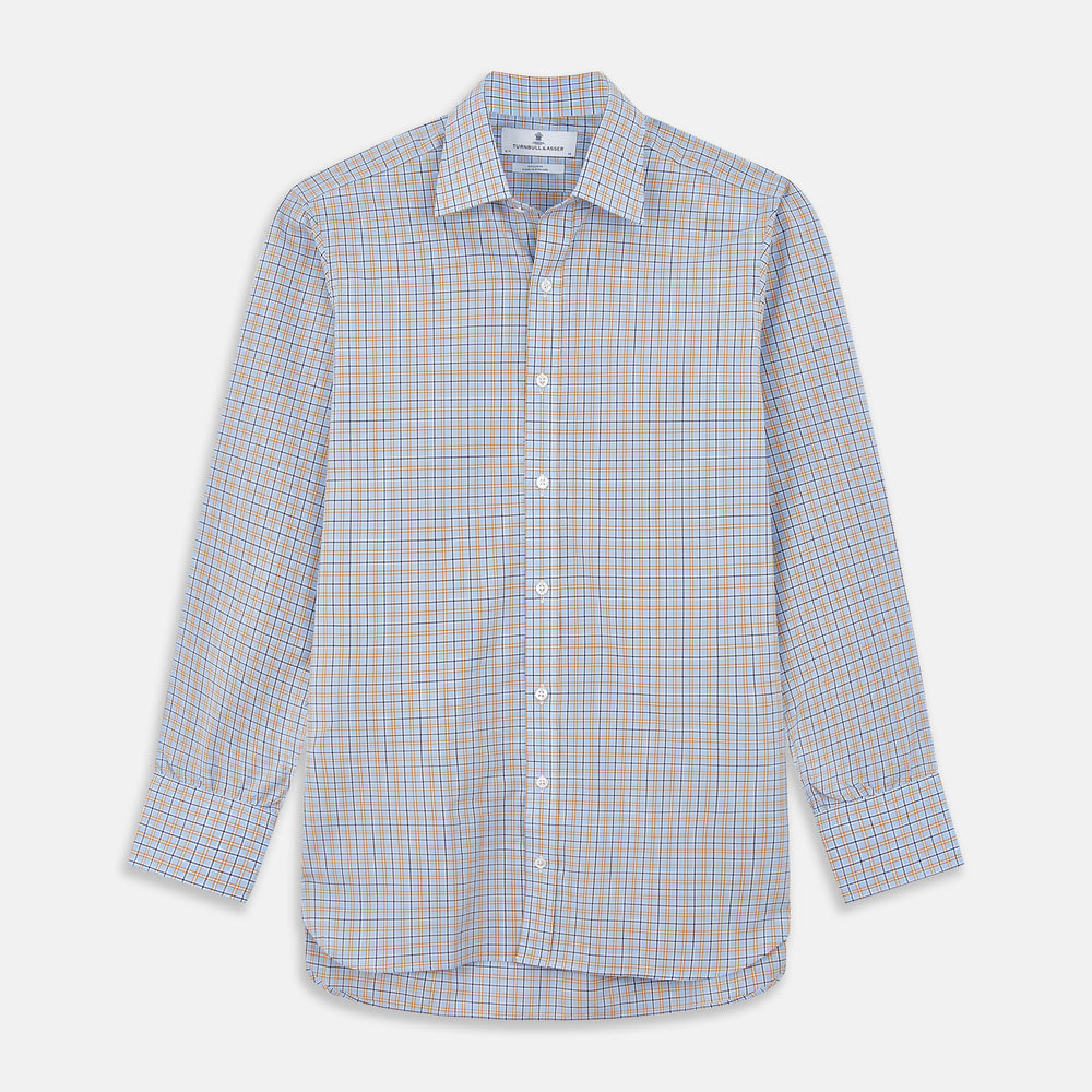 Turnbull & Asser Blue, Orange & Navy Check Regular Fit Shirt features a T&A collar and 3 button cuffs, made from Italian cotton poplin, shown flat on a white background.