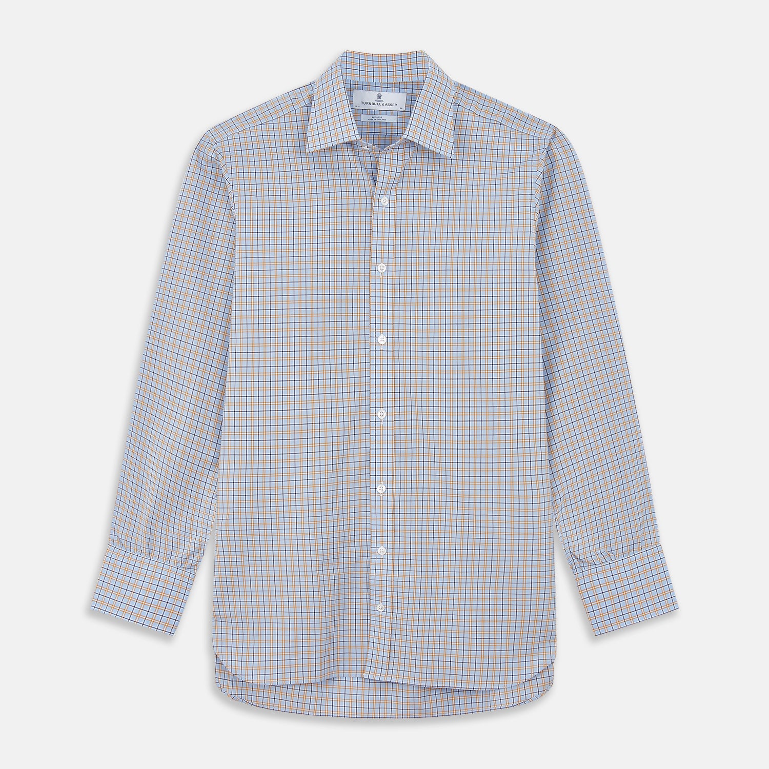 View 1 of product Turnbull & Asser Blue, Orange & Navy Check Regular Fit Shirt features a T&A collar and 3 button cuffs, made from Italian cotton poplin, shown flat on a white background.