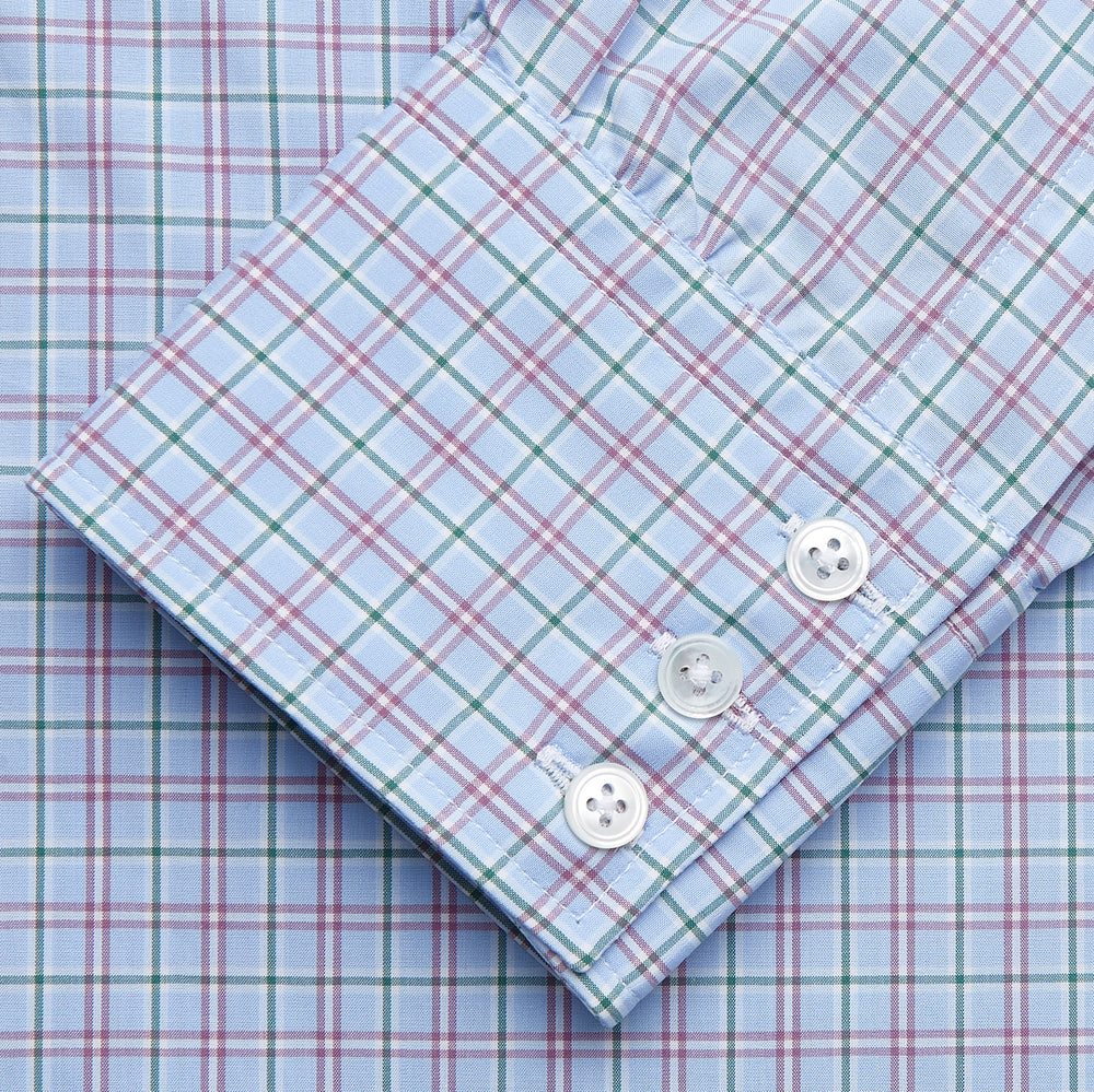 Turnbull & Asser’s Blue, Purple & Green Check Regular Fit Shirt features a T&A collar and 3 button cuffs, shown on a white background.