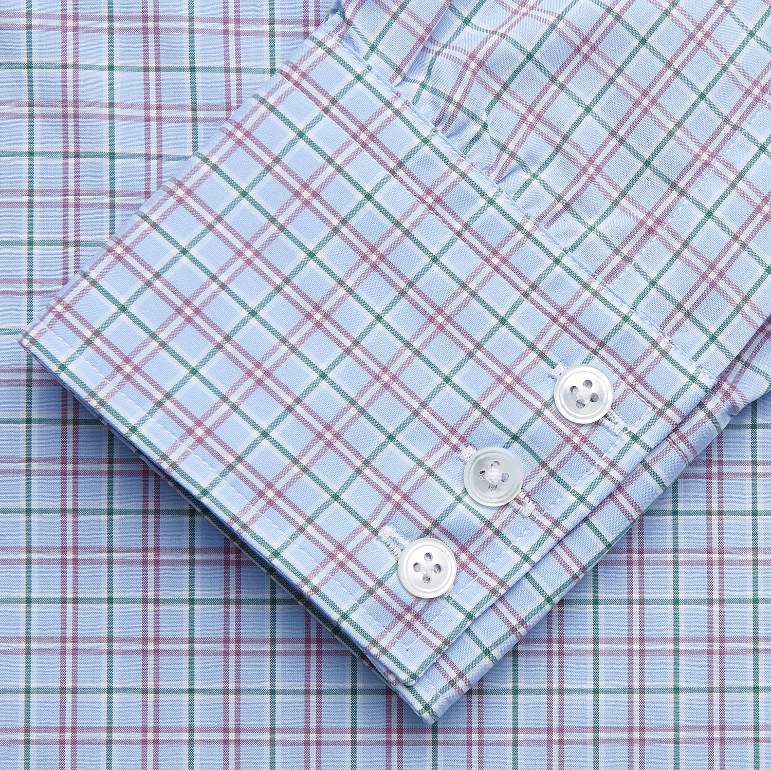 View 3 of product Turnbull & Asser’s Blue, Purple & Green Check Regular Fit Shirt features a T&A collar and 3 button cuffs, shown on a white background.