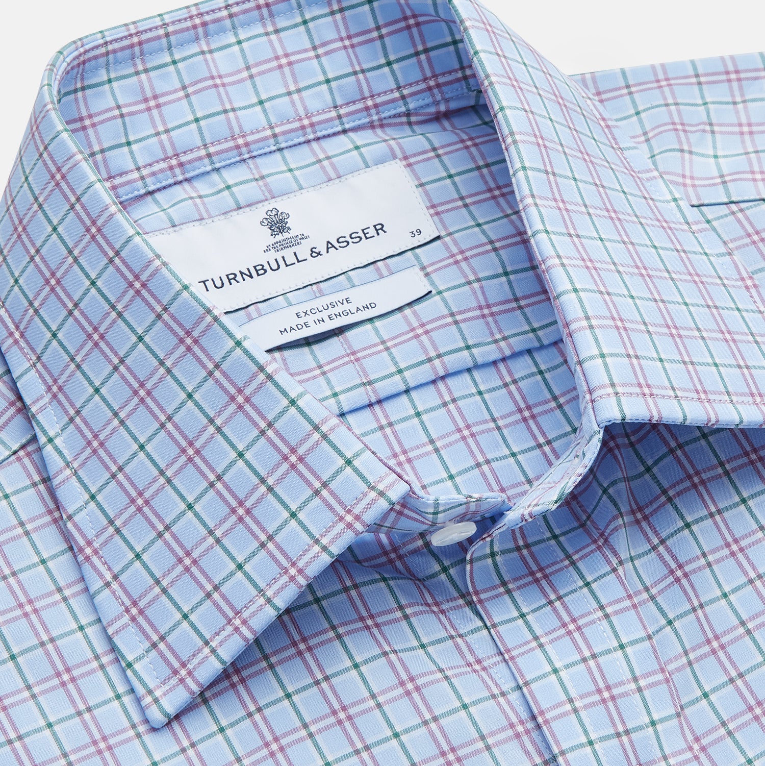 View 2 of product Turnbull & Asser’s Blue, Purple & Green Check Regular Fit Shirt features a T&A collar and 3 button cuffs, shown on a white background.