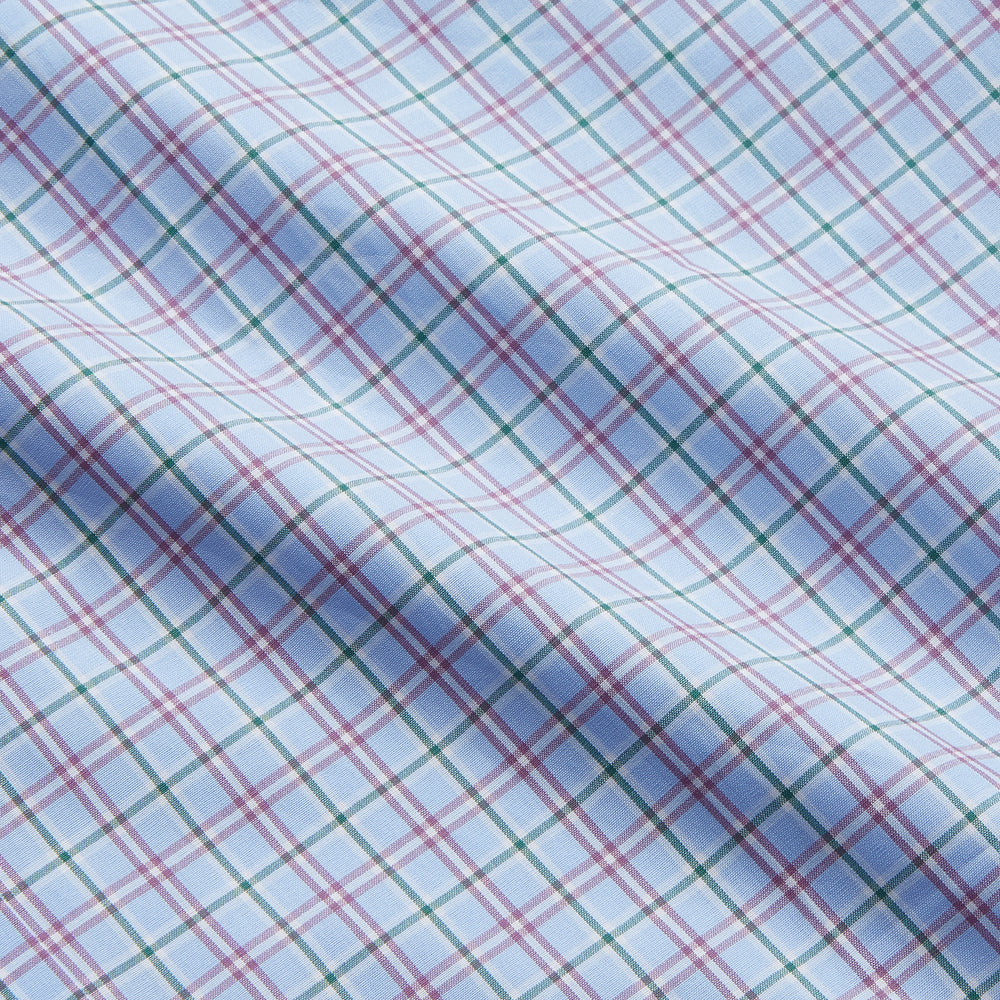 Turnbull & Asser’s Blue, Purple & Green Check Regular Fit Shirt features a T&A collar and 3 button cuffs, shown on a white background.
